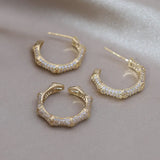 Korea Jewelry 14K Plated Zircon Bamboo Earrings Rings Women's Party Accessories