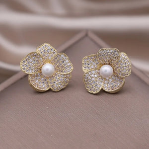 Korea Jewelry Delicate Copper Set Zircon Silver Flower Pearl Earrings