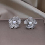Korea Jewelry Delicate Copper Set Zircon Silver Flower Pearl Earrings