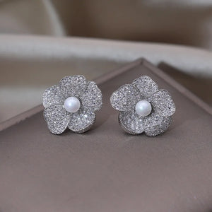 Korea Jewelry Delicate Copper Set Zircon Silver Flower Pearl Earrings