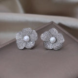 Korea Jewelry Delicate Copper Set Zircon Silver Flower Pearl Earrings