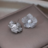 Korea Jewelry Delicate Copper Set Zircon Silver Flower Pearl Earrings