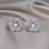 Korea Jewelry Delicate Copper Set Zircon Silver Flower Pearl Earrings