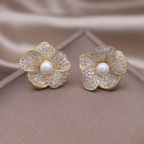 Korea Jewelry Delicate Copper Set Zircon Silver Flower Pearl Earrings