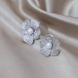 Korea Jewelry Delicate Copper Set Zircon Silver Flower Pearl Earrings