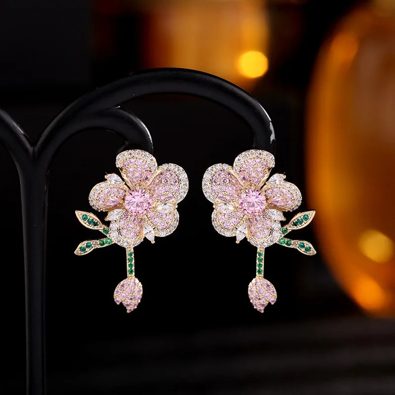 Pink Copper Zircon Flower Earrings for Prom Party