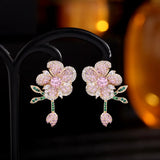 Pink Copper Zircon Flower Earrings for Prom Party