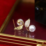 Korea Jewelry Zircon Leaf Pearl Earrings Women's Daily Work Accessories