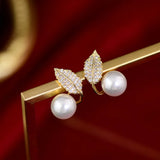 Korea Jewelry Zircon Leaf Pearl Earrings Women's Daily Work Accessories