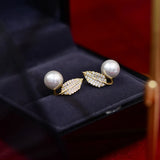 Korea Jewelry Zircon Leaf Pearl Earrings Women's Daily Work Accessories