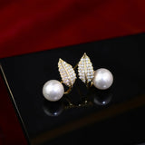 Korea Jewelry Zircon Leaf Pearl Earrings Women's Daily Work Accessories