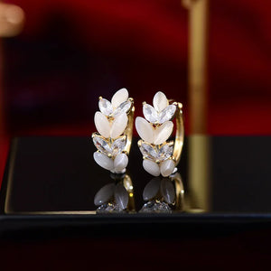Korea Jewelry Zircon Opal Wheat Leaf Hoop Earrings Women's Accessories