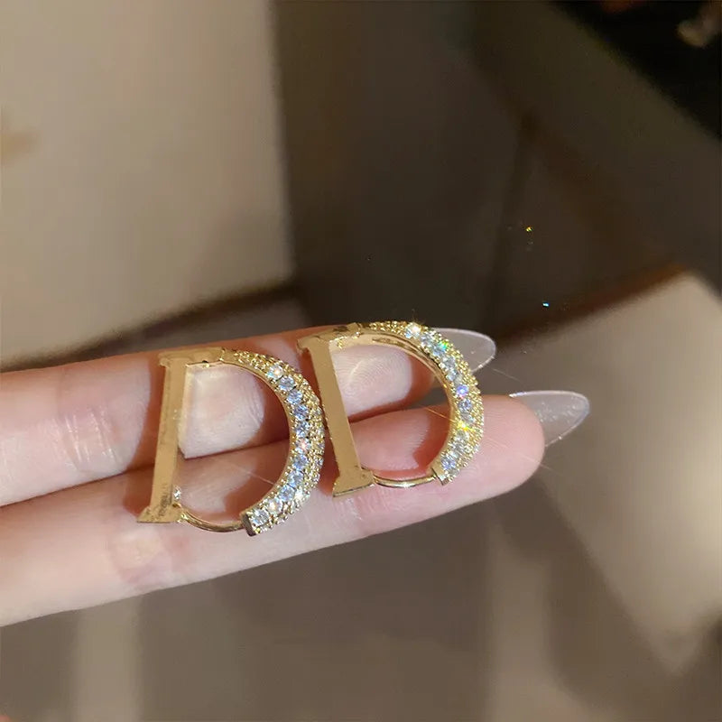 Korea Jewelry Letter D Zircon Hoop Earrings for Women
