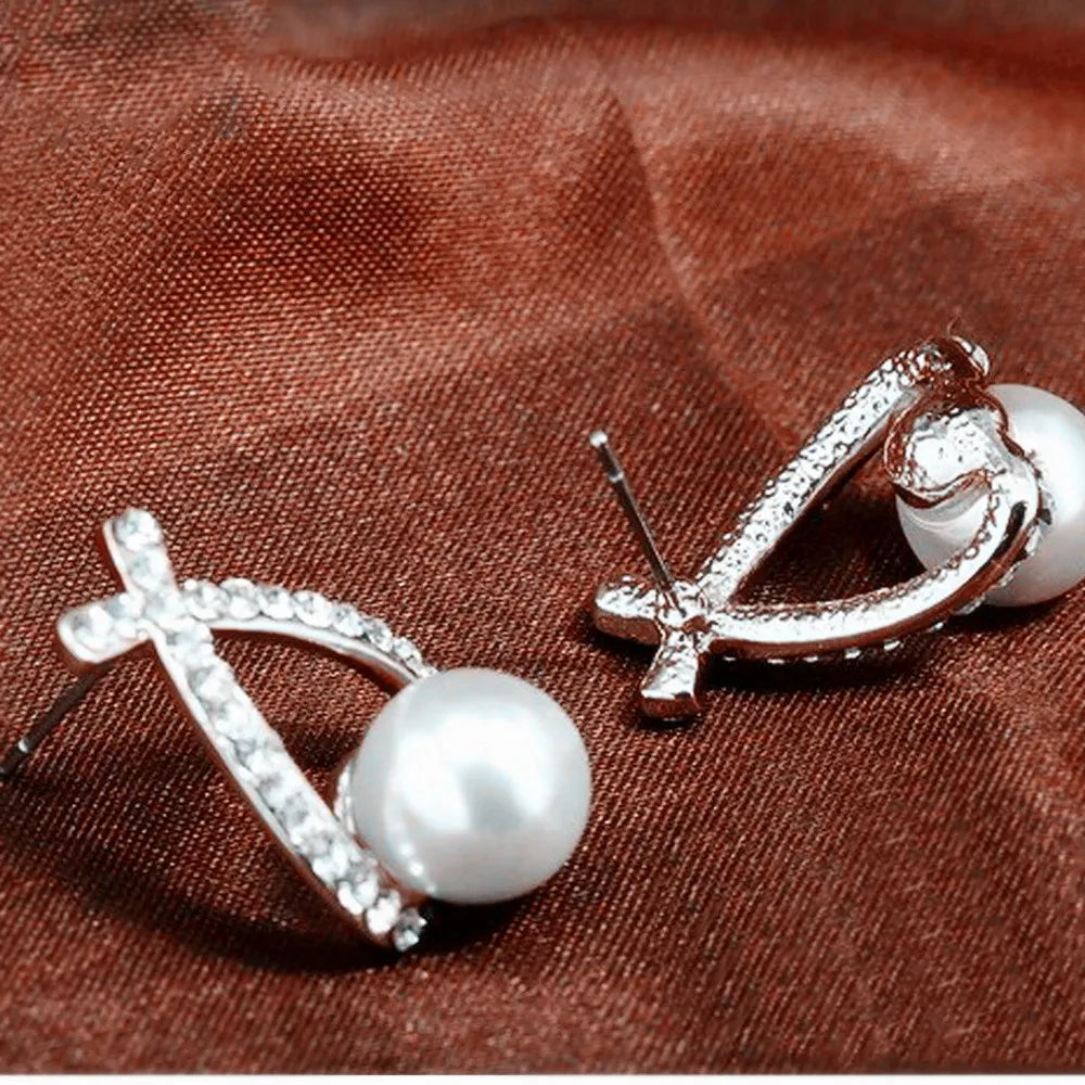 Korea Silver Cross Crystal Stud Earrings for Women