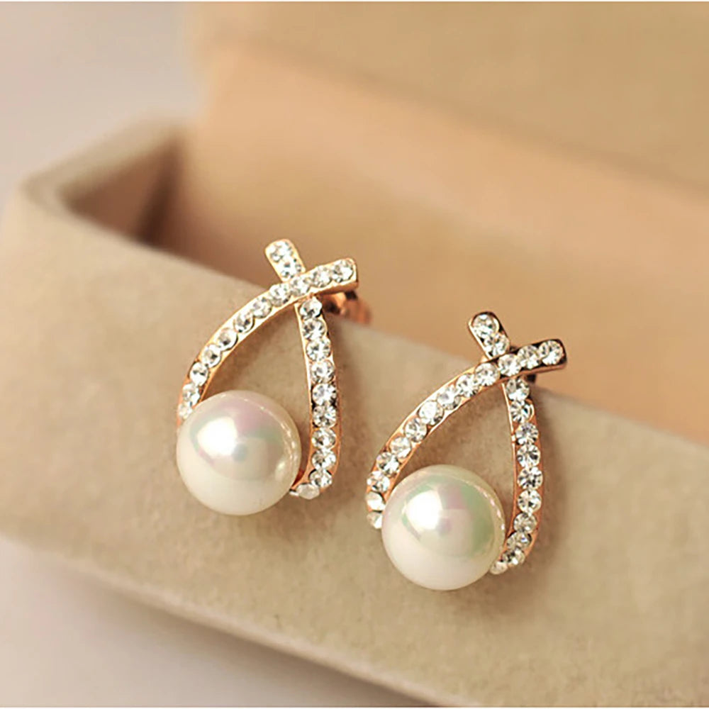 Korea Silver Cross Crystal Stud Earrings for Women