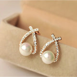 Korea Silver Cross Crystal Stud Earrings for Women