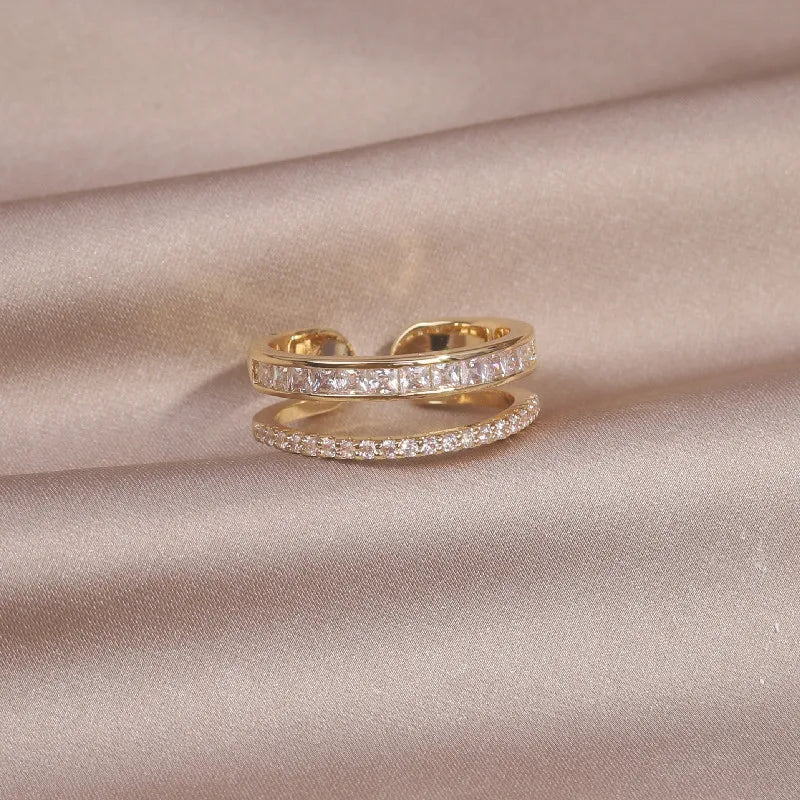 Korea Jewelry 14K Double Zircon Ring Women's Adjustable Accessory