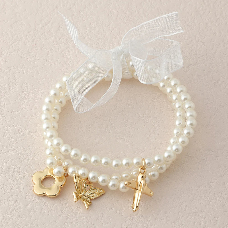 Korea Pearl Hand Chain Bracelet Set with Pendants and Ribbons