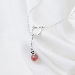 925 Silver Pink Strawberry Quartz Cat Pendant Necklace for Women