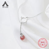 925 Silver Pink Strawberry Quartz Cat Pendant Necklace for Women