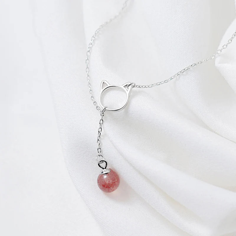 925 Silver Pink Strawberry Quartz Cat Pendant Necklace for Women
