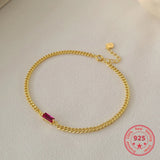 925 Sterling Silver Women Red Zircon Chain Bracelet Bangle