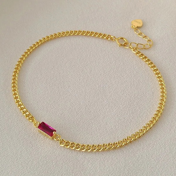 925 Sterling Silver Women Red Zircon Chain Bracelet Bangle