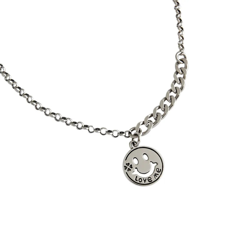 925 Sterling Silver Necklace Smiley Tag Retro Style Women Jewelry Gift