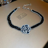 Korea Rhinestone Drops Camellia 3 Pcs Set Crystal Necklace Earrings Bracelet