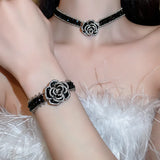 Korea Rhinestone Drops Camellia 3 Pcs Set Crystal Necklace Earrings Bracelet
