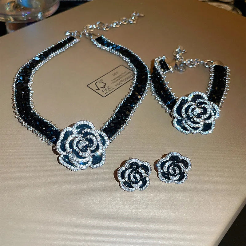 Korea Rhinestone Drops Camellia 3 Pcs Set Crystal Necklace Earrings Bracelet