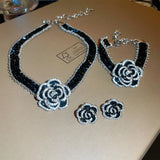 Korea Rhinestone Drops Camellia 3 Pcs Set Crystal Necklace Earrings Bracelet