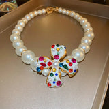 Korea Rhinestone Pearl Flower Ear Clip Earrings Necklace Jewelry Set