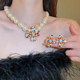 Korea Rhinestone Pearl Flower Ear Clip Earrings Necklace Jewelry Set