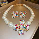 Korea Rhinestone Pearl Flower Ear Clip Earrings Necklace Jewelry Set