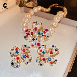 Korea Rhinestone Pearl Flower Ear Clip Earrings Necklace Jewelry Set