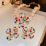Korea Rhinestone Pearl Flower Ear Clip Earrings Necklace Jewelry Set