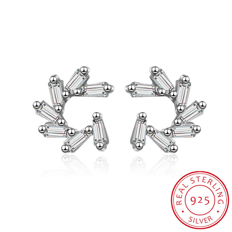 Korea Clear CZ Flower Earrings 925 Sterling Silver C Shape Ear Jewelry