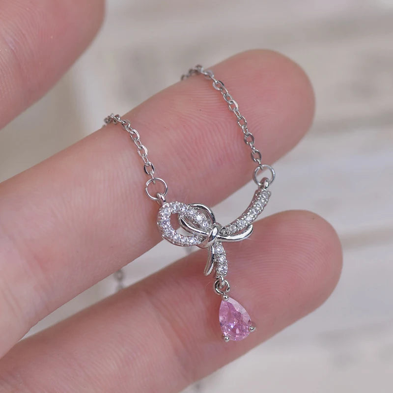 Korea Sweet Crystal Bow Knot Pendant Necklace