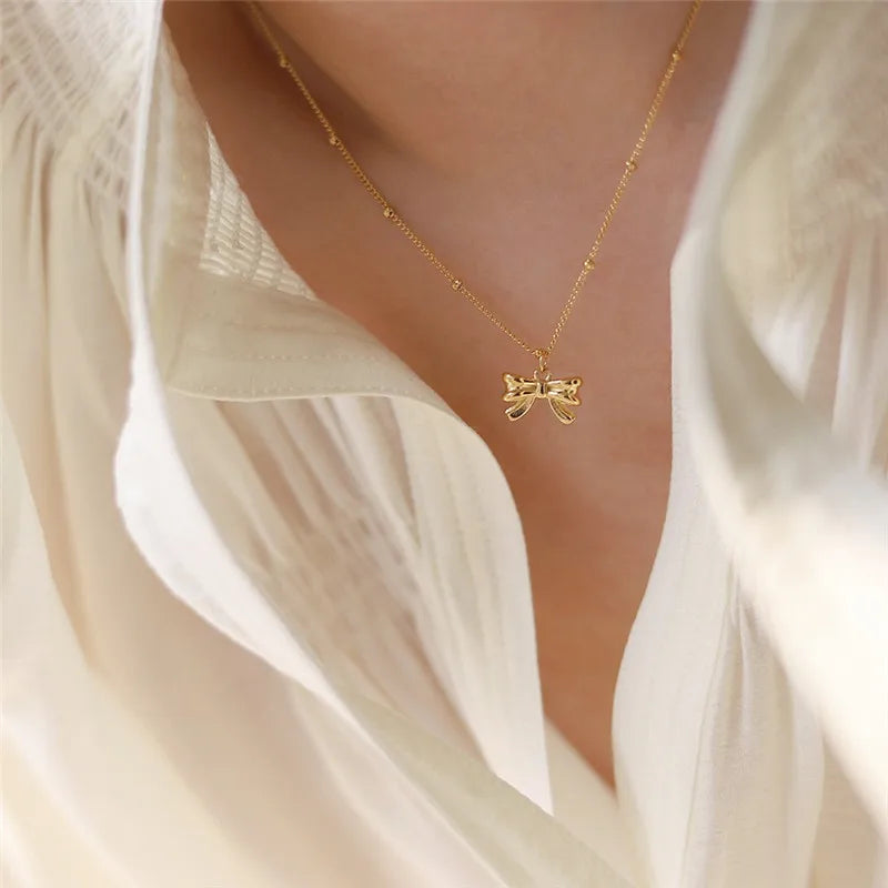 Sweet Princess Bow Pendant Necklace for Women Stainless Steel 18K Jewelry
