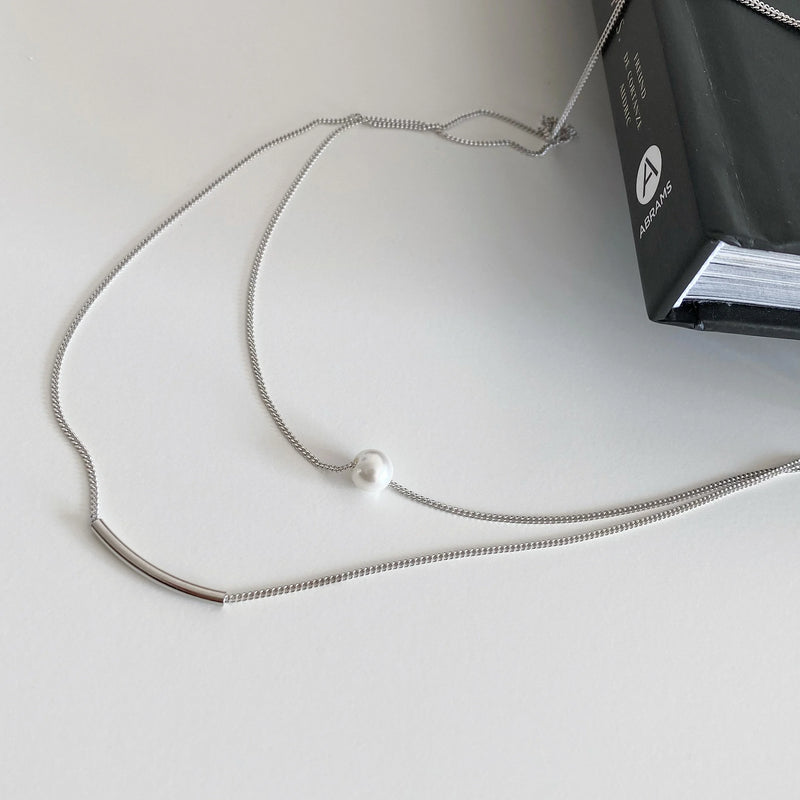 Elegant S925 Sterling Silver Double Chain Pearl Necklace