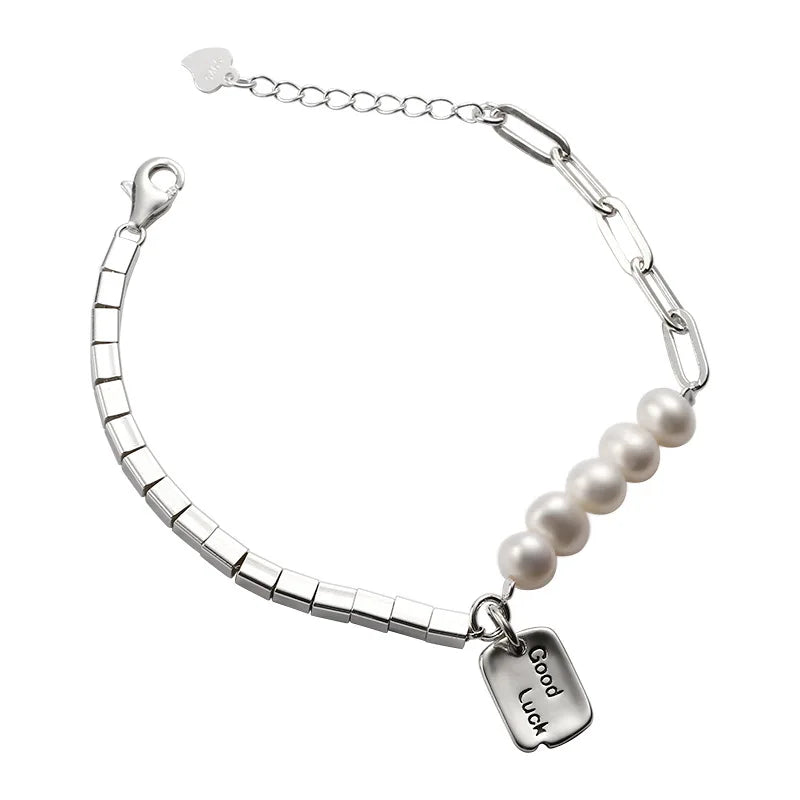 Korean S925 Sterling Silver Pearl Chain Bracelet with Lettering, Extension Chain