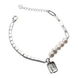 Korean S925 Sterling Silver Pearl Chain Bracelet with Lettering, Extension Chain