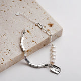 Korean S925 Sterling Silver Pearl Chain Bracelet with Lettering, Extension Chain