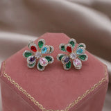 Korean 14K Plated Zircon Double-Layer Flower Earrings for Women
