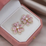 Korean 14K Plated Zircon Double-Layer Flower Earrings for Women