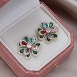 Korean 14K Plated Zircon Double-Layer Flower Earrings for Women