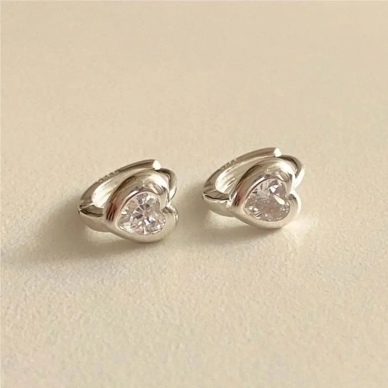 925 Silver Hoop Earrings Zircon Heart Love Fine Jewelry