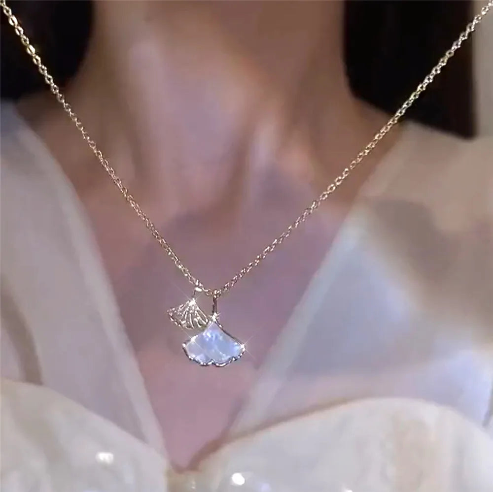 18K Plated Apricot Leaf Necklace Glass Resin Zircon Pendant