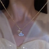 18K Plated Apricot Leaf Necklace Glass Resin Zircon Pendant